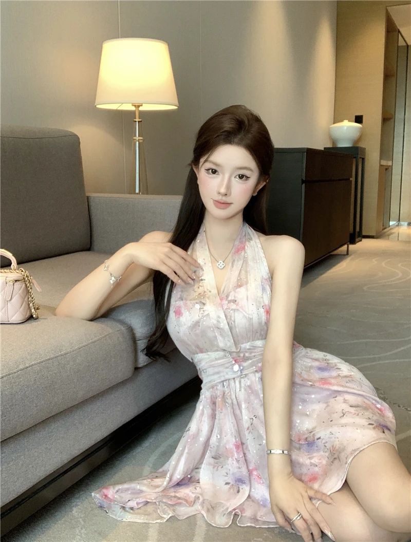 Halter Neck Floral Dress Flower Women Hanging Neck Dresses Summer Seaside Vacation Dress Slimming Pink Sexy Robe Vestidos 2024