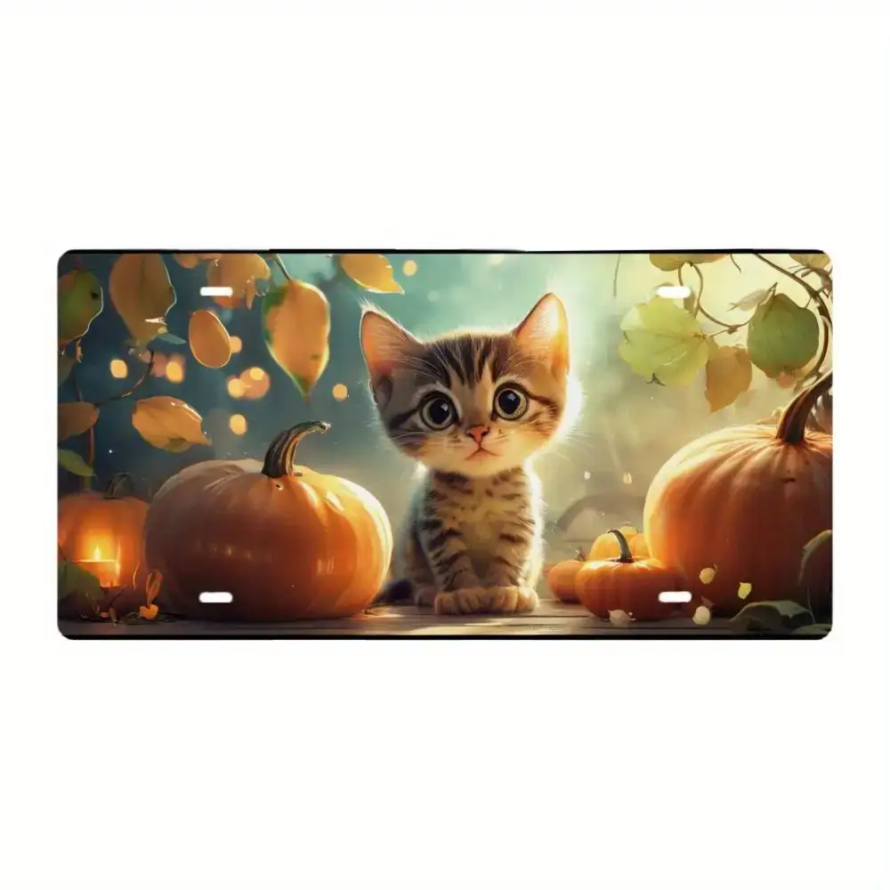 2D Flat, 2D Flat Halloween Themed License Plate with Glow-in-the-Dark Pumpkin and Cat Design, and Rustproof, 15.24x30.48 cm, Inc
