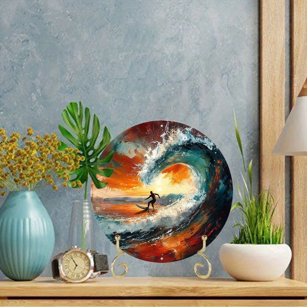 Round Aluminum Flat Sign, Surfing Themed Decoration, for Office Room Home Door Decorations, Holiday Gifts, Wall Art Decor