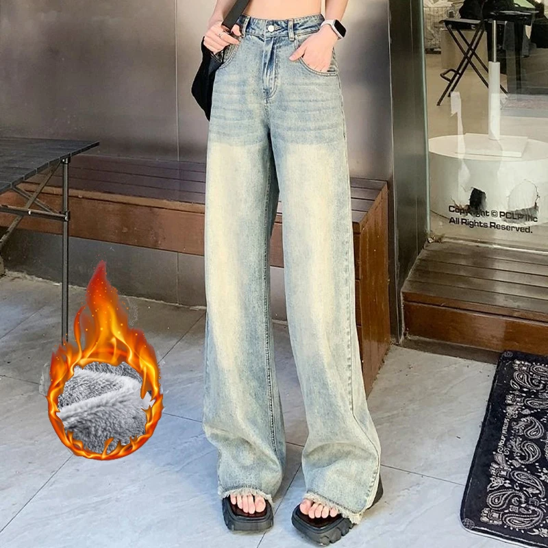 

Woman Winter Retro High Waist Thicken Jeans Female Y2k Streetwear Thermal Wide Leg Pants Girls Fashion Blue Warm Denim Trousers