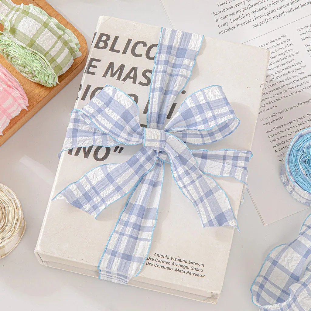 10 yards/Roll 4cm Puffed Check Wrinkled Fabric Ribbon Ruffled Ribbon for DIY Christmas Wreath Hair Accessories Gift Wrapping