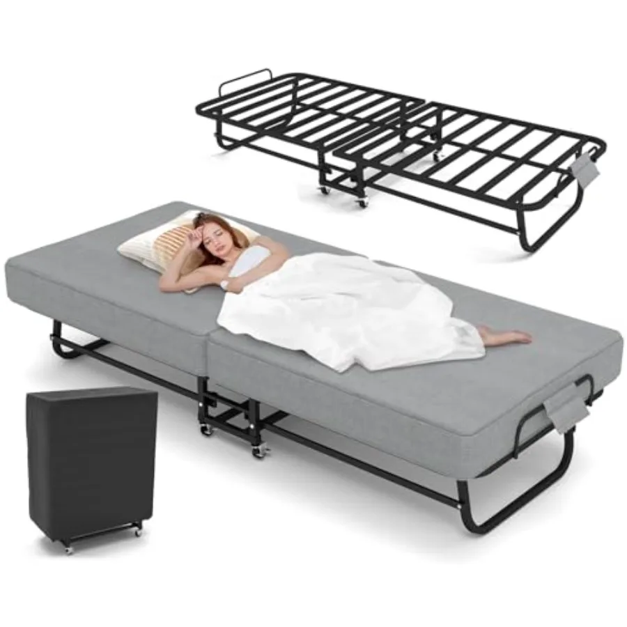 Folding Bed with Memory Foam Mattress, Portable Roll-Away Guest Bed for Adults, Space-Saving Fold-Up Bed on Wheels with Sturdy