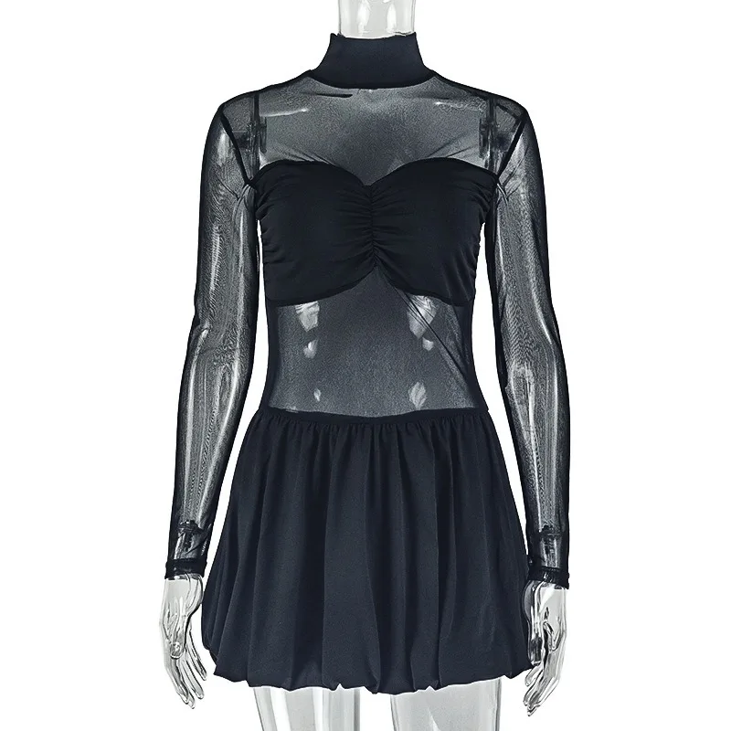 2025 Autumn Mesh Sheer Patchwork Pleated Skinny Dress Women Sexy Spicy Girls Turtleneck Full Sleeve A-line Club Partywear Dress
