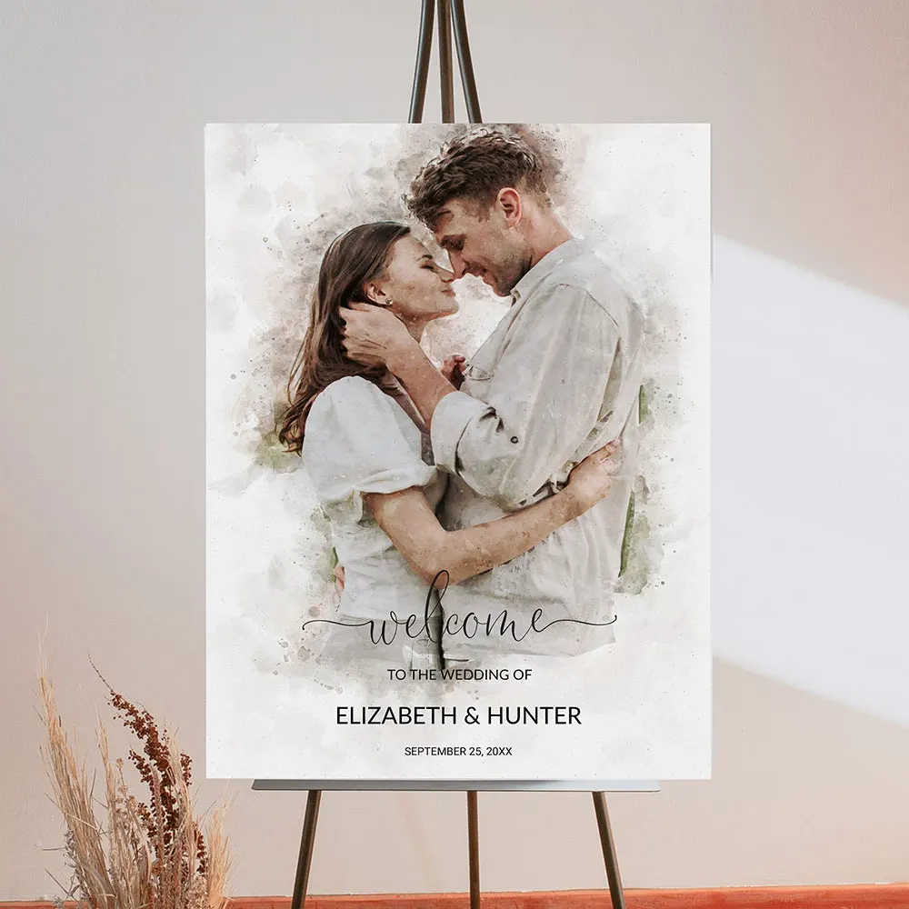 

Watercolor Couple Portrait Poster Unique Wedding Welcome Sign Art Print Canvas Painting Wall Picture for Welcoming Guests Decor