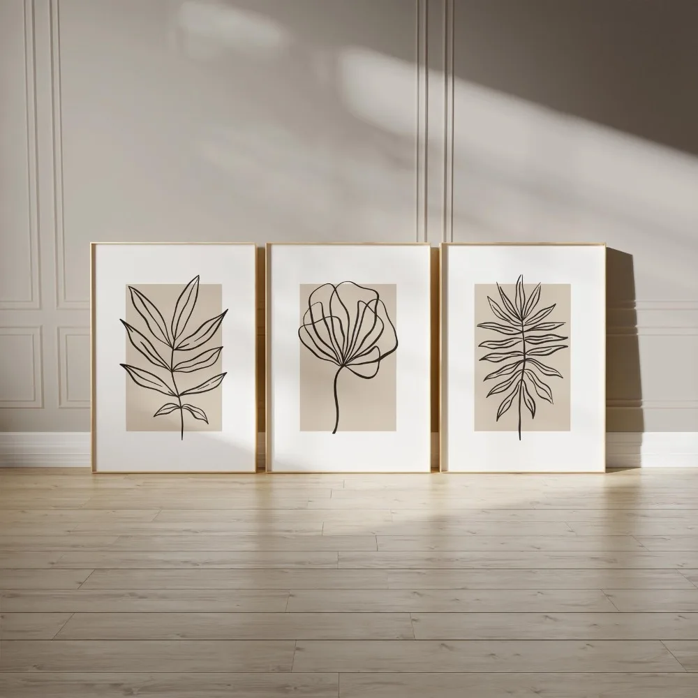 Frameless, Beige Wall Art Prints,Neutral Wall Prints,Plant Wall Art, Line Art, Bedroom Prints, Beige Home Living Room Decoration