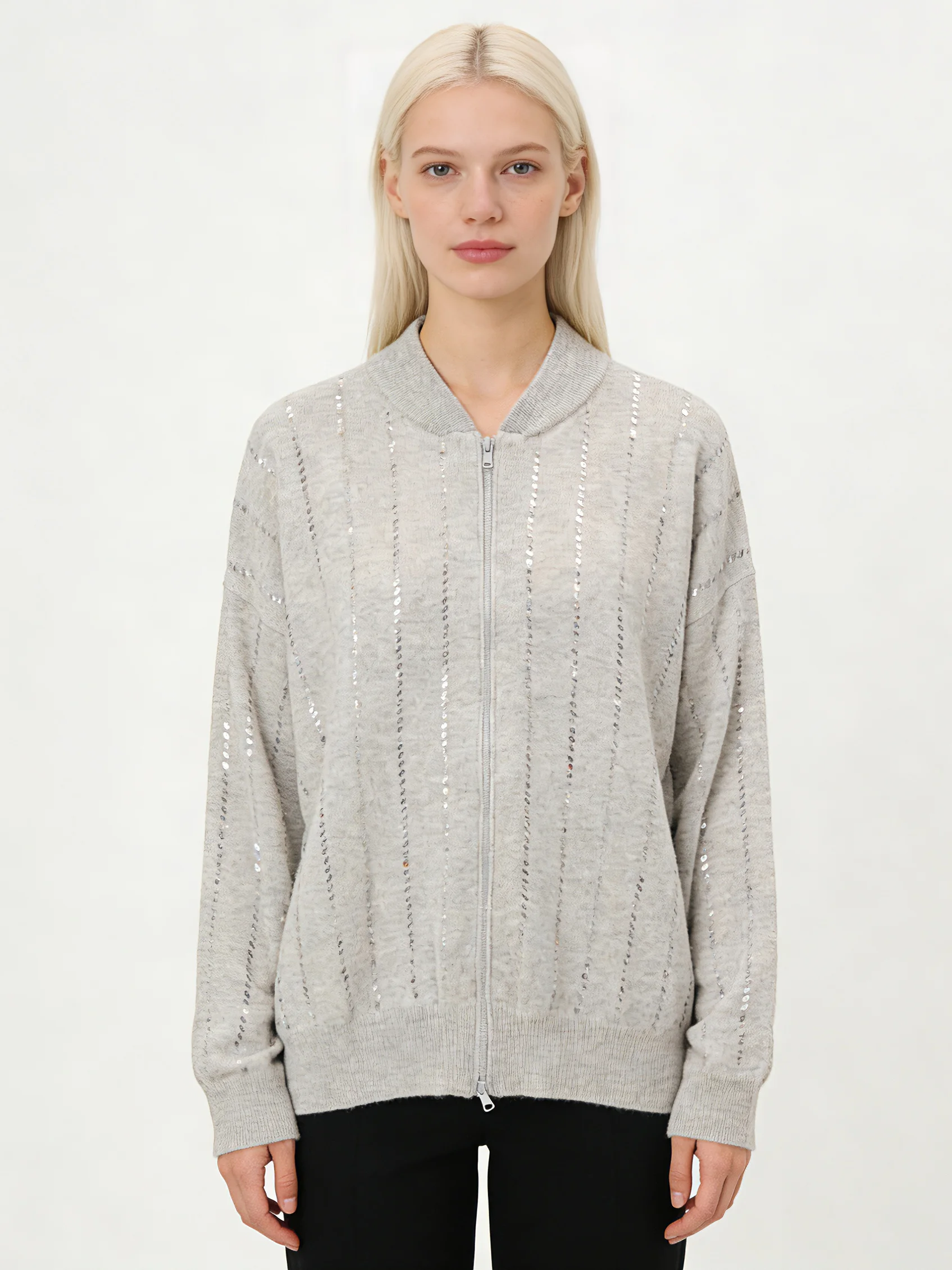 

Женский шерстяной кашемировый серый вязаный кардиган с блестками на молнии, топы с длинными рукавами, дизайнерский шикарный свитер для подиума, джемперы