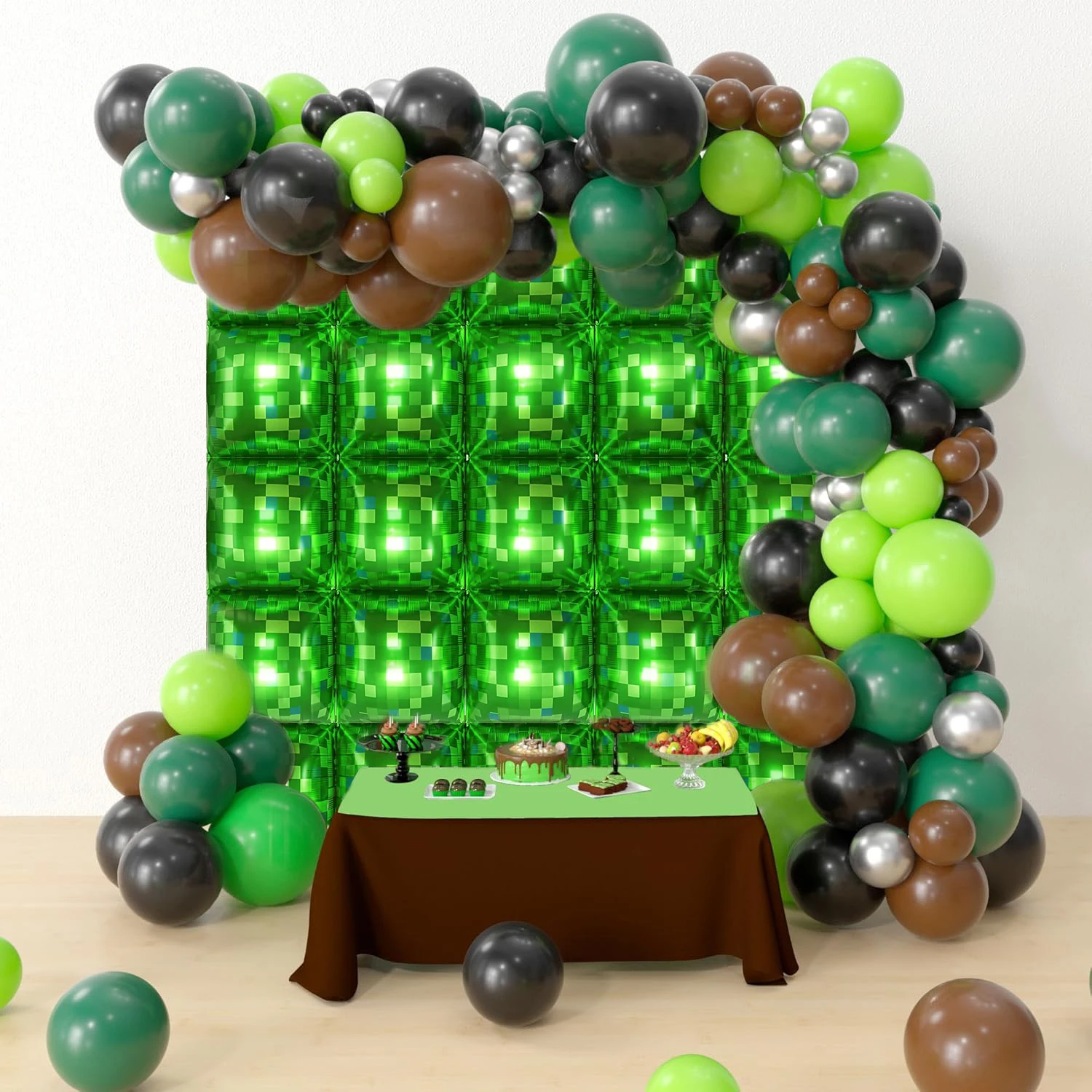 Party-Ballon-Set mit Spielthema, quadratische Ballons mit pixelgrünem Gitter, Ballons für Geburtstagsfeiern, schwarz-grün-braune Ballondekoration
