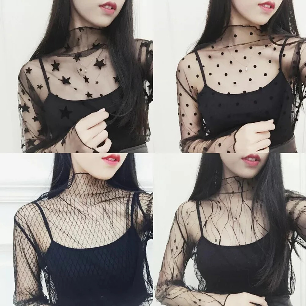 Hot Sale! Black Sexy Mesh Lace Women Tops Tees Tunic T-Shirt Y2k Style See Through Long Sleeve Summer Bottoming Shirt Blouse Top