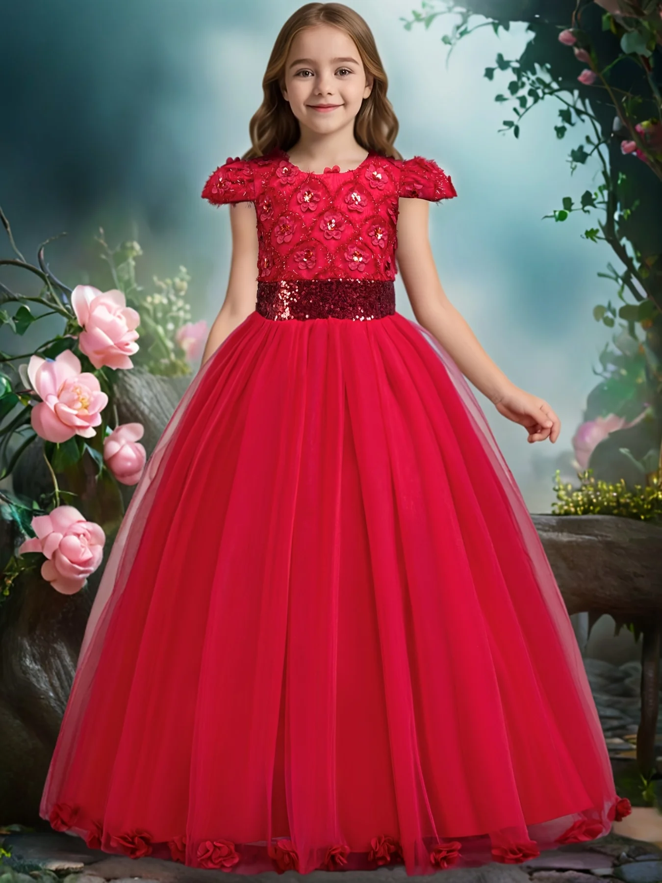 

Girls' Dress with Flying Sleeves, Sequins, And Bead Embellishments, Suitable for Children And Older Kids, Featuring Customized