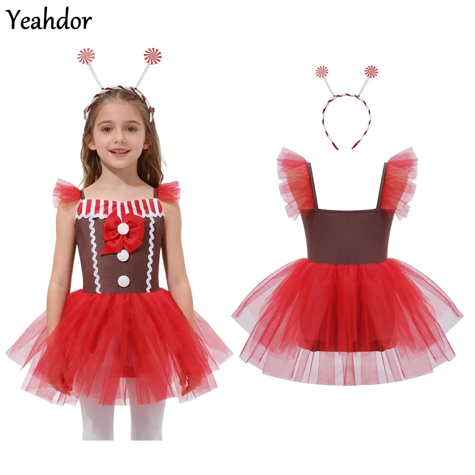 

Girls Christmas Gingerbread Man Costume Candy Cane Stripe Bowknot Ballet Tutu Dress Sleeveless Santa Claus Skating Leotard Dress