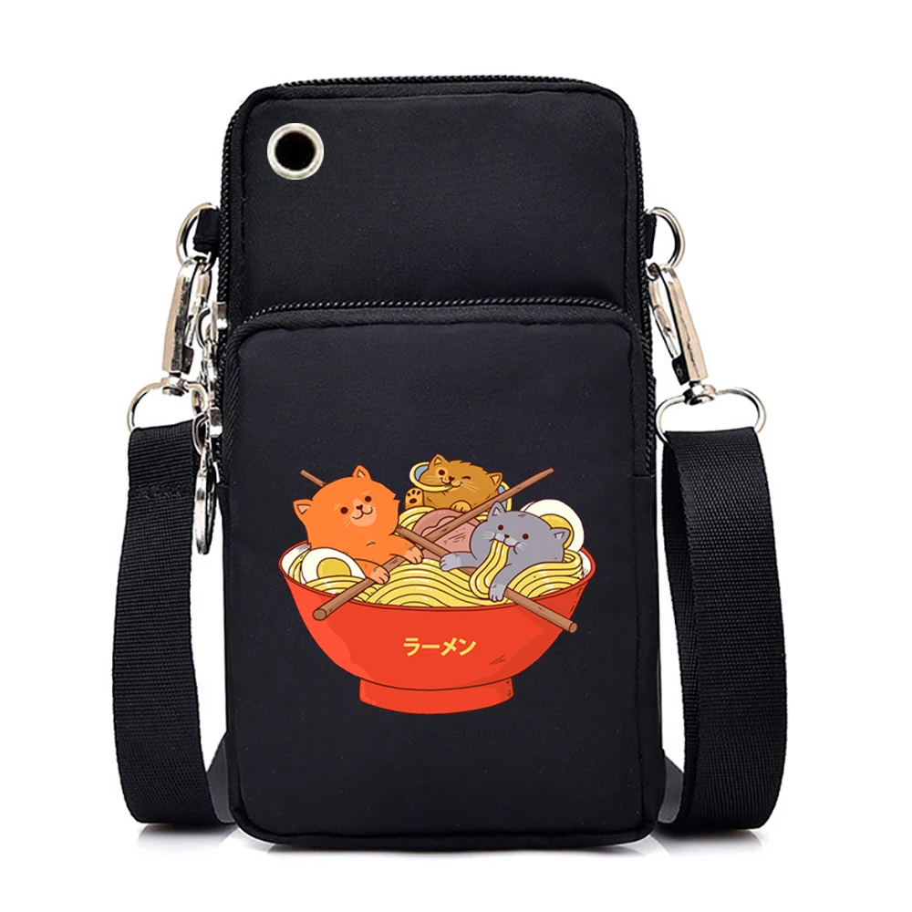 Ramen Cats Printed Mobile Phone Bags Women Menn Cartoon Animal Japanese-style Cats Shoulder Bags Fashion Small CrossBody Bag