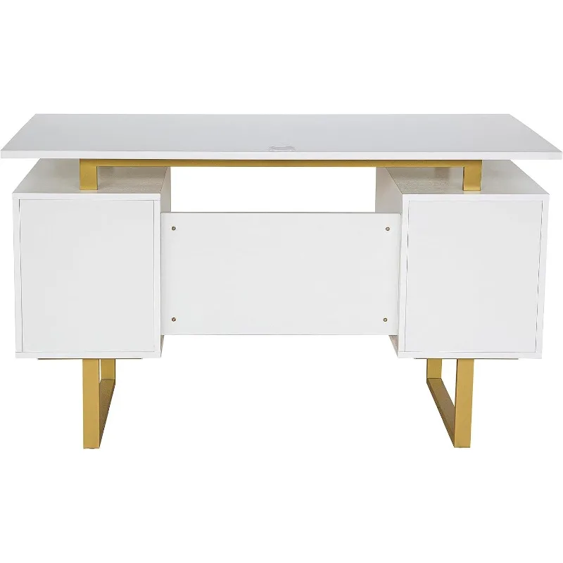 Storage Drawers and Cabinet 51.25” W-Modern Office Large Floating Desktop Surface Desk, 23.6" D x 51.2" W x 29.8" H, White/Gold