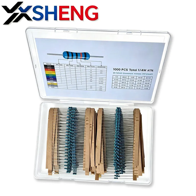 1000PCS 1/4W 1% KIT 25Values X 40PCS 1R~1MΩ Metal Film Resistor Pack Include 4R7 47R 100R 220 330 470 1K 2.2K 3K3 4K7 10K 100K..