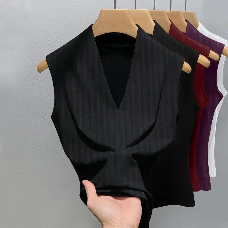 Women's V-neck Sleeveless Vest Basic Inner Thread Top Fashionable Versatile Base Shirt T-shirt for Women Tank Top Women Clothes