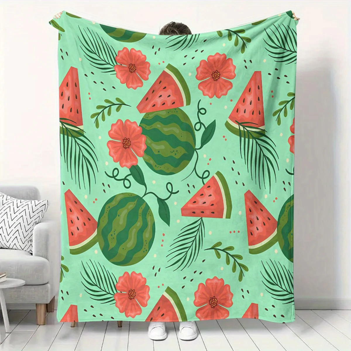 

Watermelon Pattern Flannel Blanket - Soft and warm, suitable for sofas, beds, and camping, perfect as a holiday gift for boys an