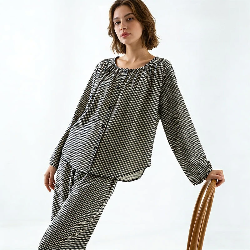 Women's 100% A-Class Cotton Pajama Set Ultra Soft Round Collar Plaid Long Sleeved Pants Loungewear Suit Loose Home Sleep Wear