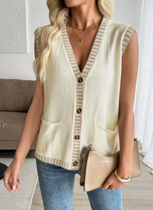 

2025 Autumn New Small Fragrant Style Contrast Color Sleeveless Cardigan Knitted Vest Top for Women