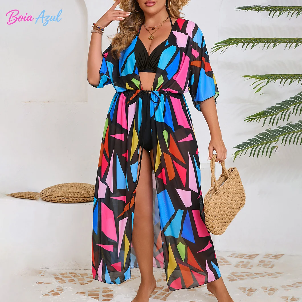 Big size contrast color geometric print swimsuit long beach cardigan with drawstring waist and see-through chiffon swimsuit