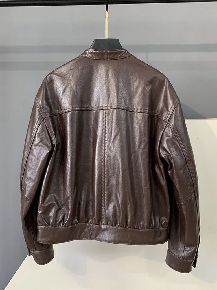 Vintage Fashion Women Loose Zipper Oil Wax Cowhide Genuine Leather Short Coat Stand Collar Jacket Pocket Elegant Casual Female