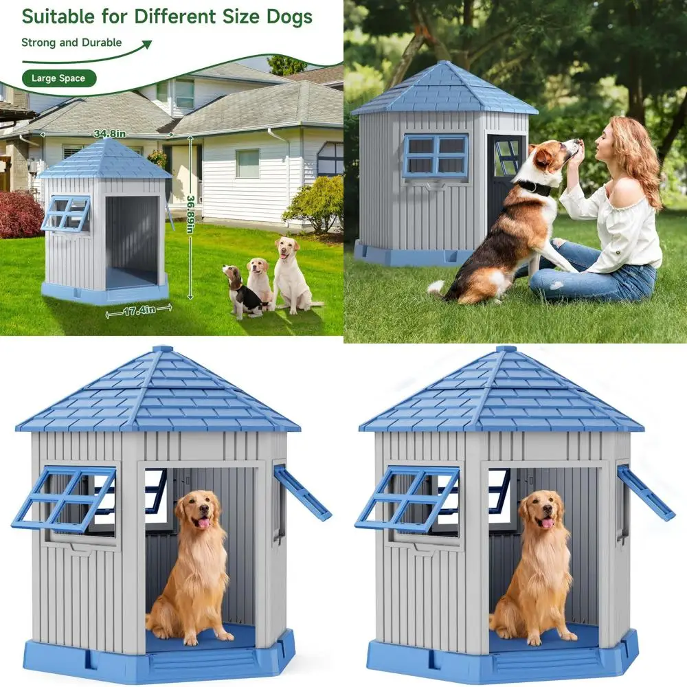 

Outdoor Resin Dog House with Air Vents and Elevated Floor for Small to Large Dogs, Blue, 34.8x30.51x36.89in