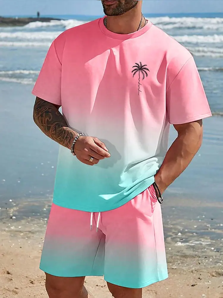 Summer Men\'s 2 Piece Set Hawaiian Fashion Casual Men\'s T-shirt Outdoor Beach Men\'s Shorts Palm Tree Print O-neck Short Sleeves