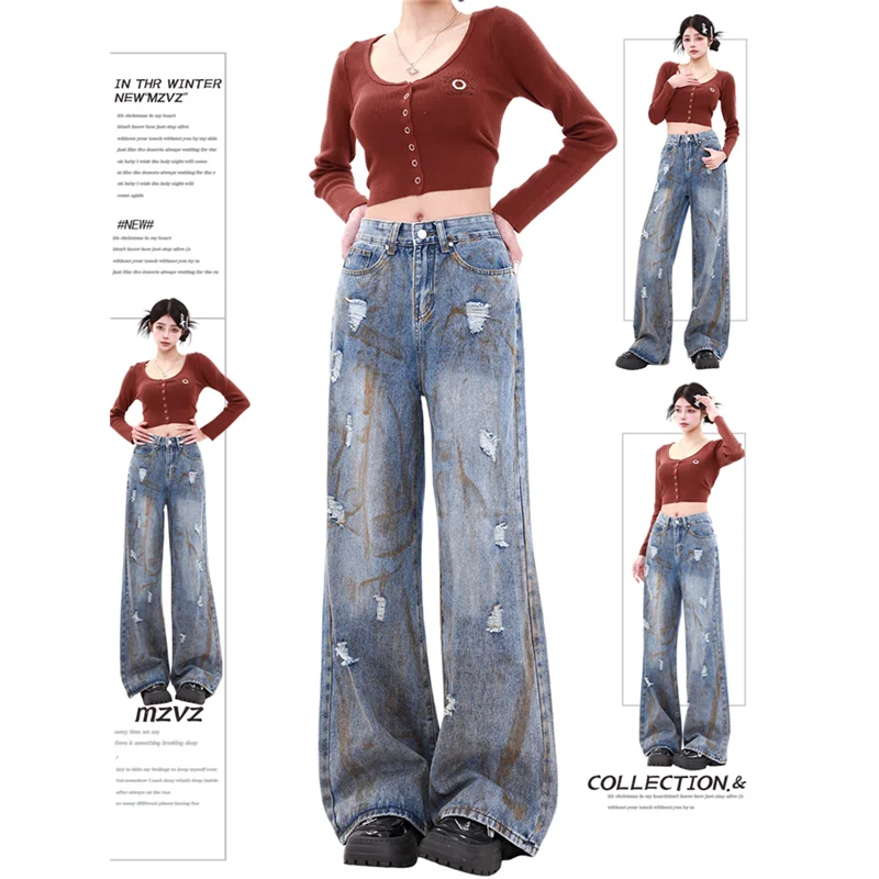 

Women Blue Ripped Jeans High Waist America Feeling Street Wide Leg Pants 90s Vintage Ins Straight Baggy Plus Size Denim Trousers