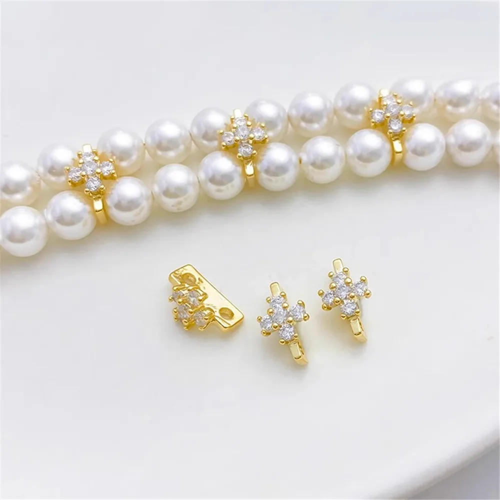 

14K Gold Inlaid Zirconium Butterfly Flower Double Hole Spacer with Separated Beads DIY String Pearl Bracelet Necklace Accessorie