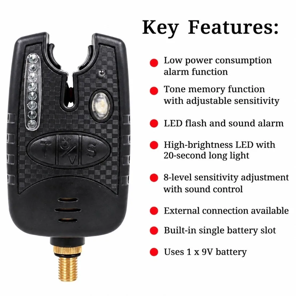 Loud Siren Fishing Bite Alarm LED Light 8 Tones Electronic Bite Alarm 9V Battery Required Fishing Bite Indicator Day Fishing