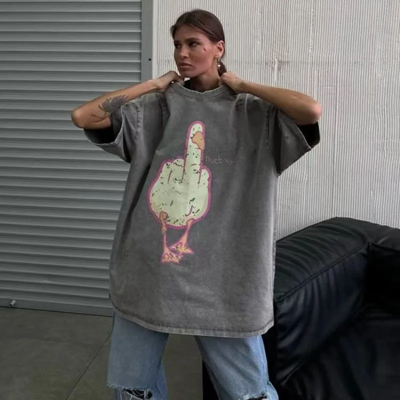 High Quality Summer Cute Duck Graphic Tee Vintage Washed Cotton T-Shirt Women Oversize Loose Casual Short Sleeve O-neck Top