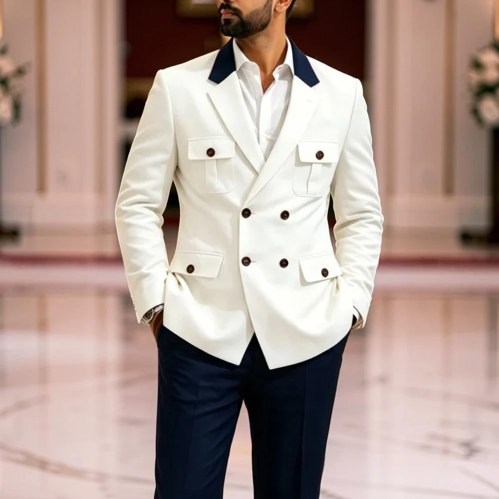 Double Breasted Suits for Men 2 Pieces Wedding Tuxedo with Pockets Slim Fit Formal Safari Blazer with Pants Set for Guest Prom