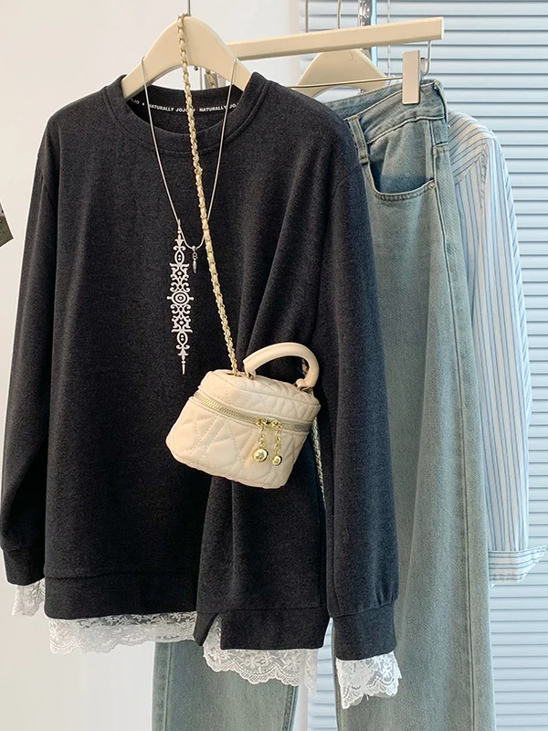 暖かいレーススプライスラウンドネプリントT-irt韓国Sle女性の秋冬新作ファイオン多用途ロングSveサーマルトップ