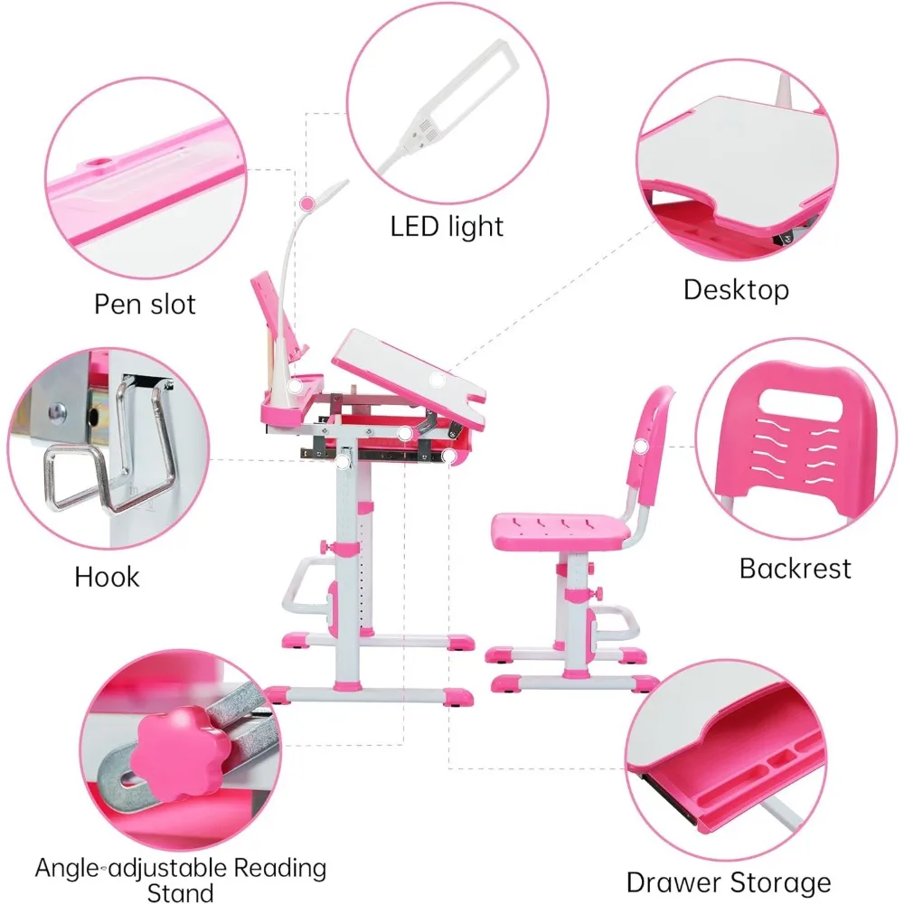 Juego de escritorio y silla de altura ajustable para niños, estación de trabajo escolar para niños con escritorio inclinable