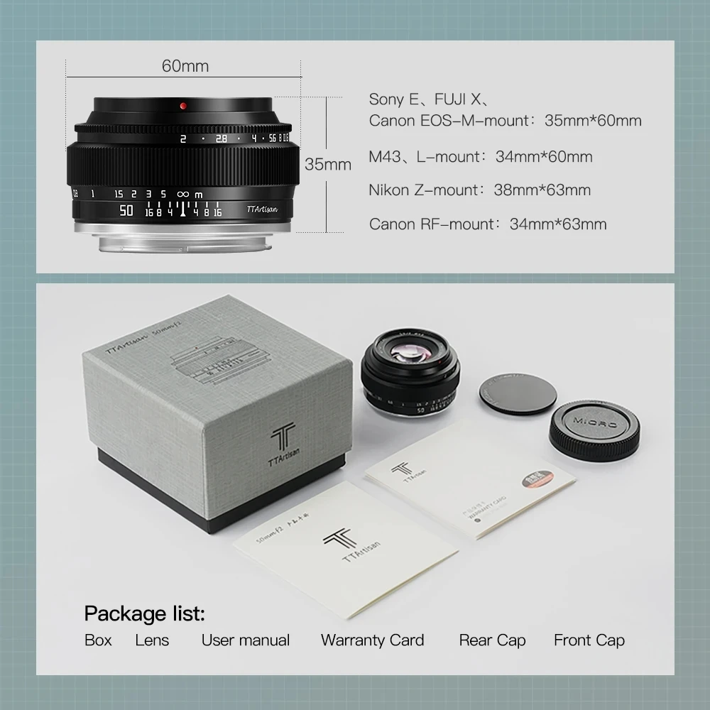 TTArtisan 50mm F2 Full-frame Prime Lens for Sony E Mount Fujifilm XF Canon RF Leica L Nikon Z Panasonic Olympus M43 Camera Lens