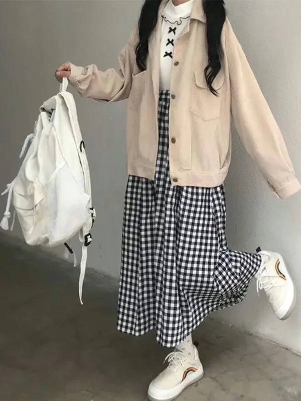 

Retro Japanese Plaid Skirt Women's Spring Autumn High Waist Flared A-Line Long Skirt School Sle Slimming Effect