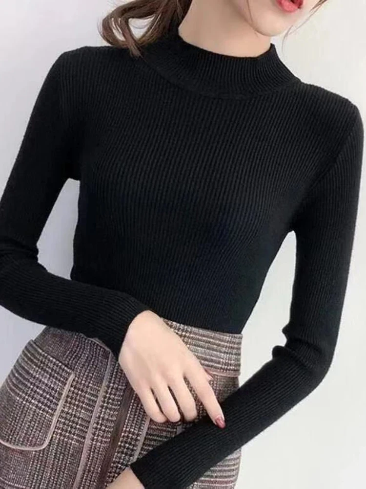 Basic Sweater Women Fashion Half Turtleneck Knitted Pullovers Winter Korean Long Sleeve Knitwear Ladies Slim All Match Jumpers