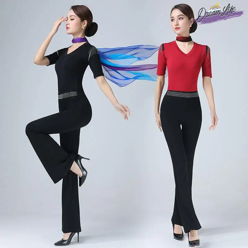 

Танцевальный костюм Ele V-Ne Slim Fit для тренировок и церемоний, женский, с открытыми плечами, расклешенные брюки, комплект для танцевальных занятий