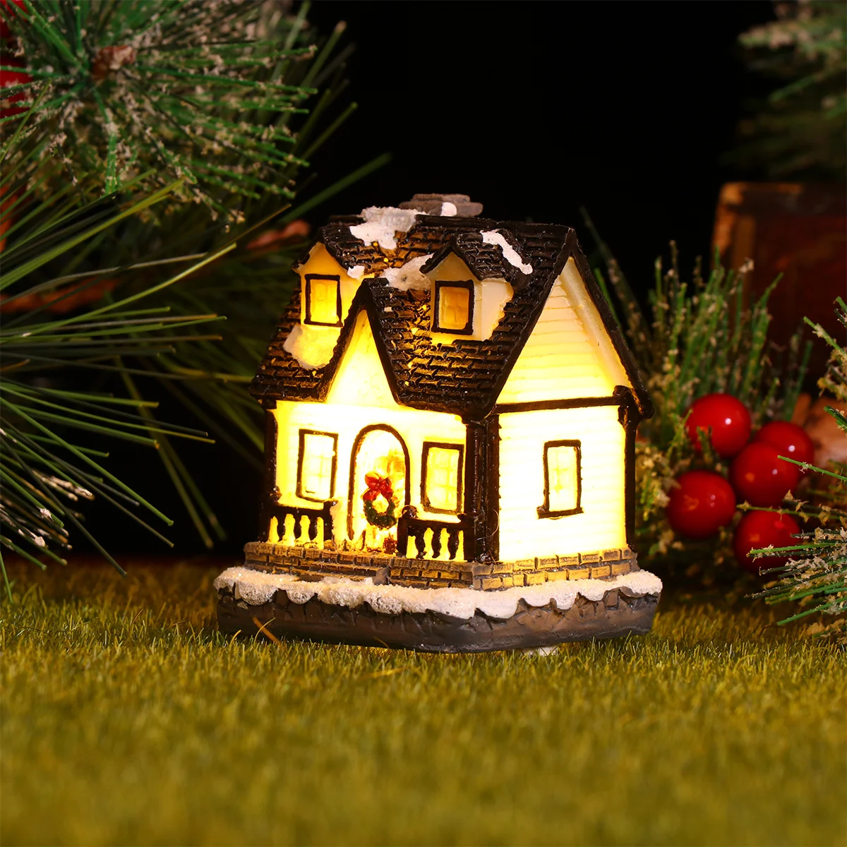 

1Pcs Christmas Luminous LED Light Resin Villa Decorative Ornament for Holiday Party Home Festival Warm Cozy Atmosphere