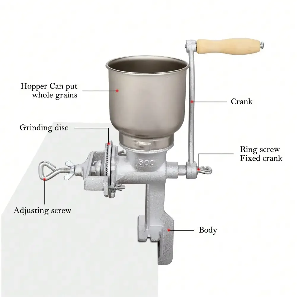 Silver Manual Grain Grinders Hand Crank Grain Mill 500#, Adjustable Coarseness Heavy Duty Grinding Tool For Wheat, Corn, Coffee And Nuts, Practical Home Kitchen Flour Making Accessory