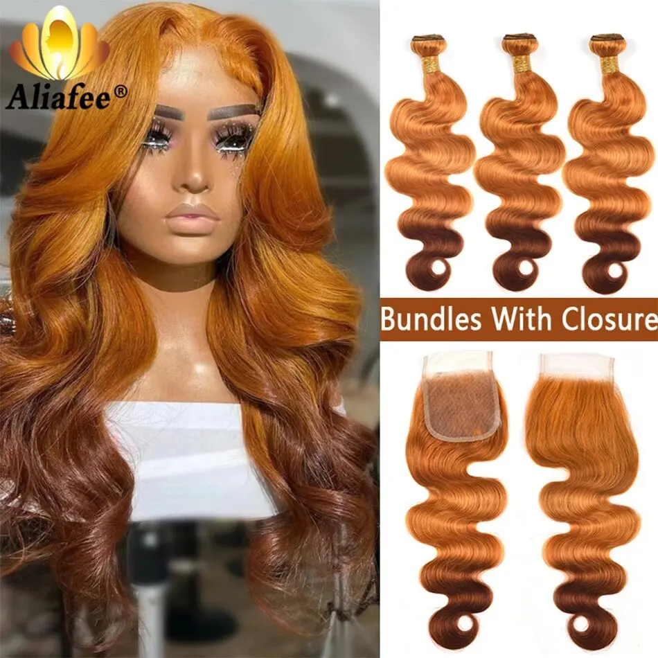 Orange Brown Ombre Colored 5x5 Closure With Brazilian Hair Bundles Remy Body Wave Human Hair Bundles With 4x4 Lace Closure