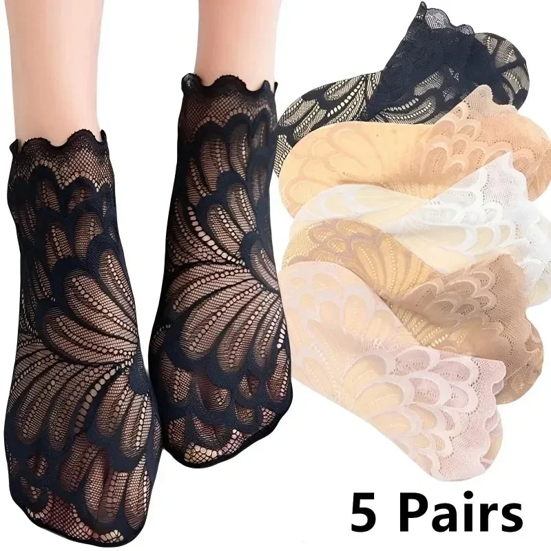 

5 Pairs Women Lace Flower Mesh Socks Non-slip Invisible Liner Sock Female Elastic Comfy Thin Transparent Breathable Ankle Socks