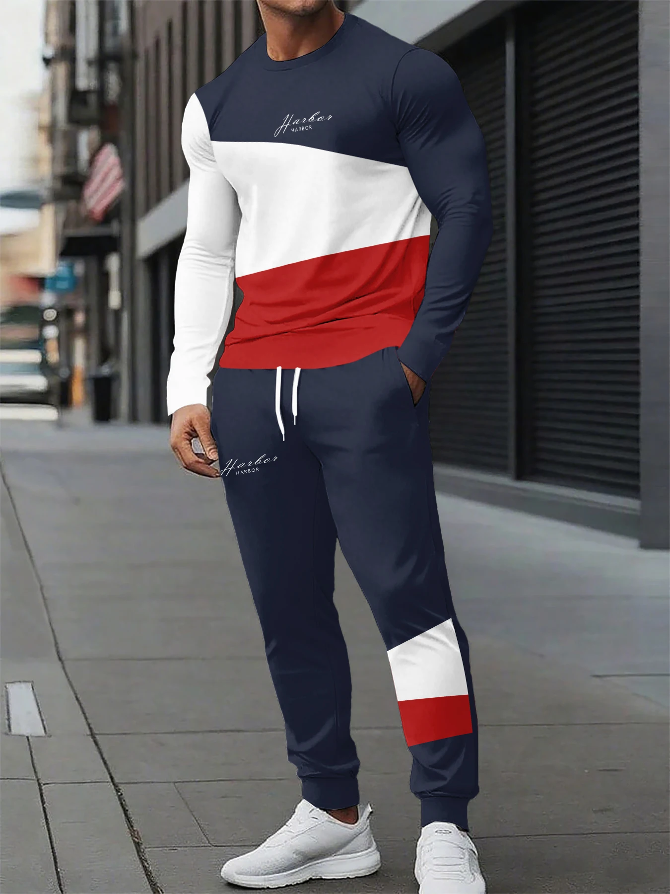 

Fashionable men's summer striped pentagram print breathable round neck long sleeved pants set outdoor casual clothing