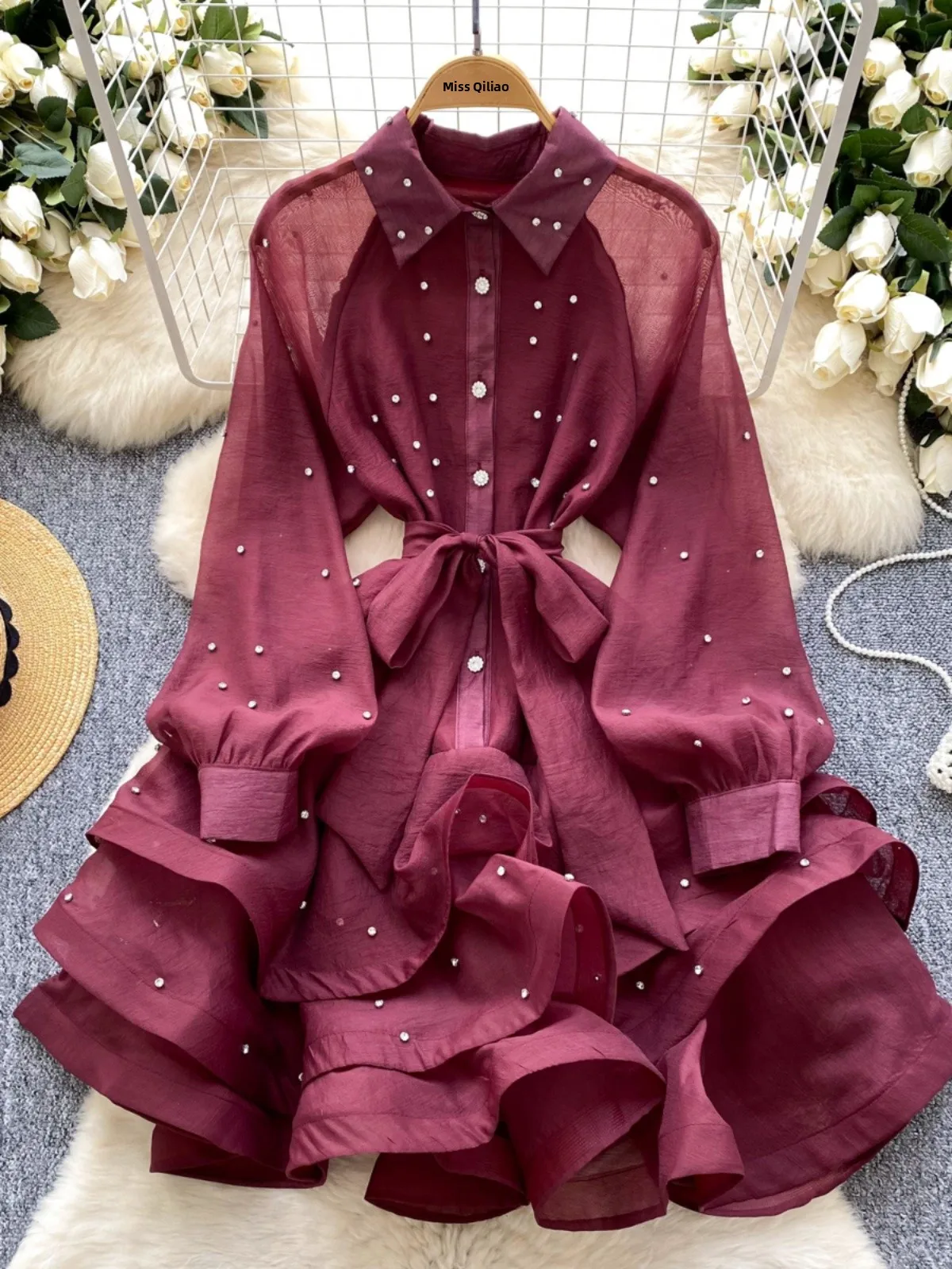 우아한 헤비 엠벨리시드 러플 헴 다이아몬드 드레스 여성용 봄 패션 벨티드 웨이스트 퍼프 스커트 스타일 한국 하이웨이스트