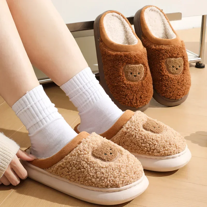 Women Men Winter Cute Bear Lamb Wool Slippers Retro Shearling Faux Fur Lined Warm Thick Sole Non Slip Indoor Home House Footwear