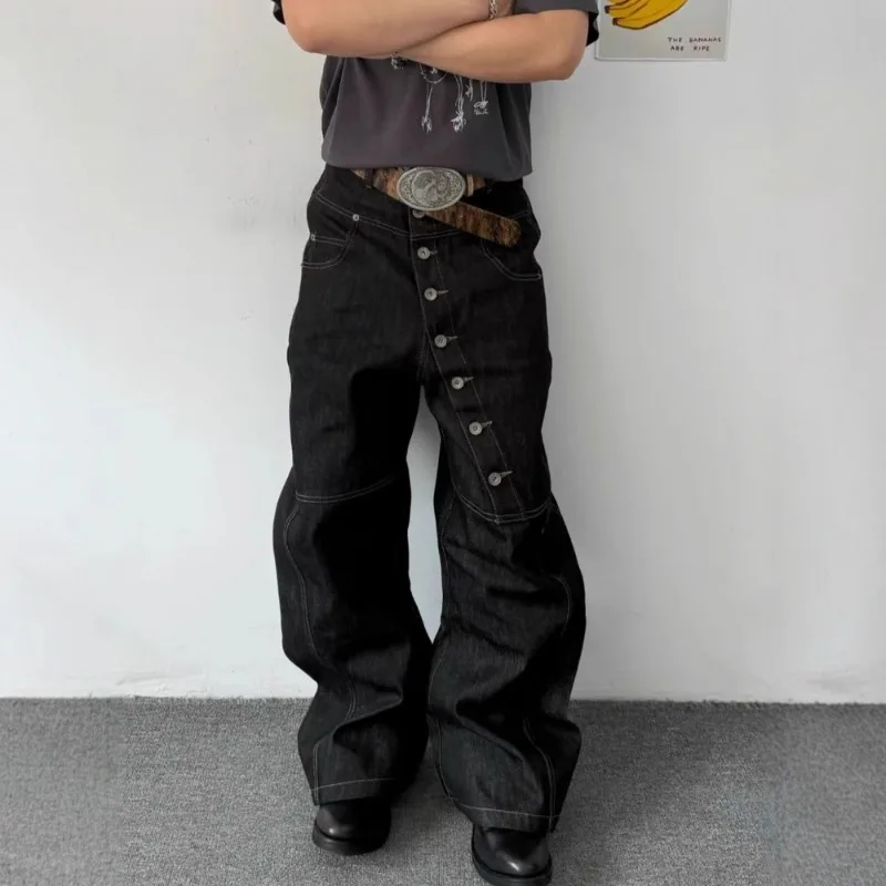 KIDWHXR Man Wide-Leg Pant Streetwear Single-breasted Loose Male Denim Pant Vintage Simple Casual Mid Waist Washed Men Trousers