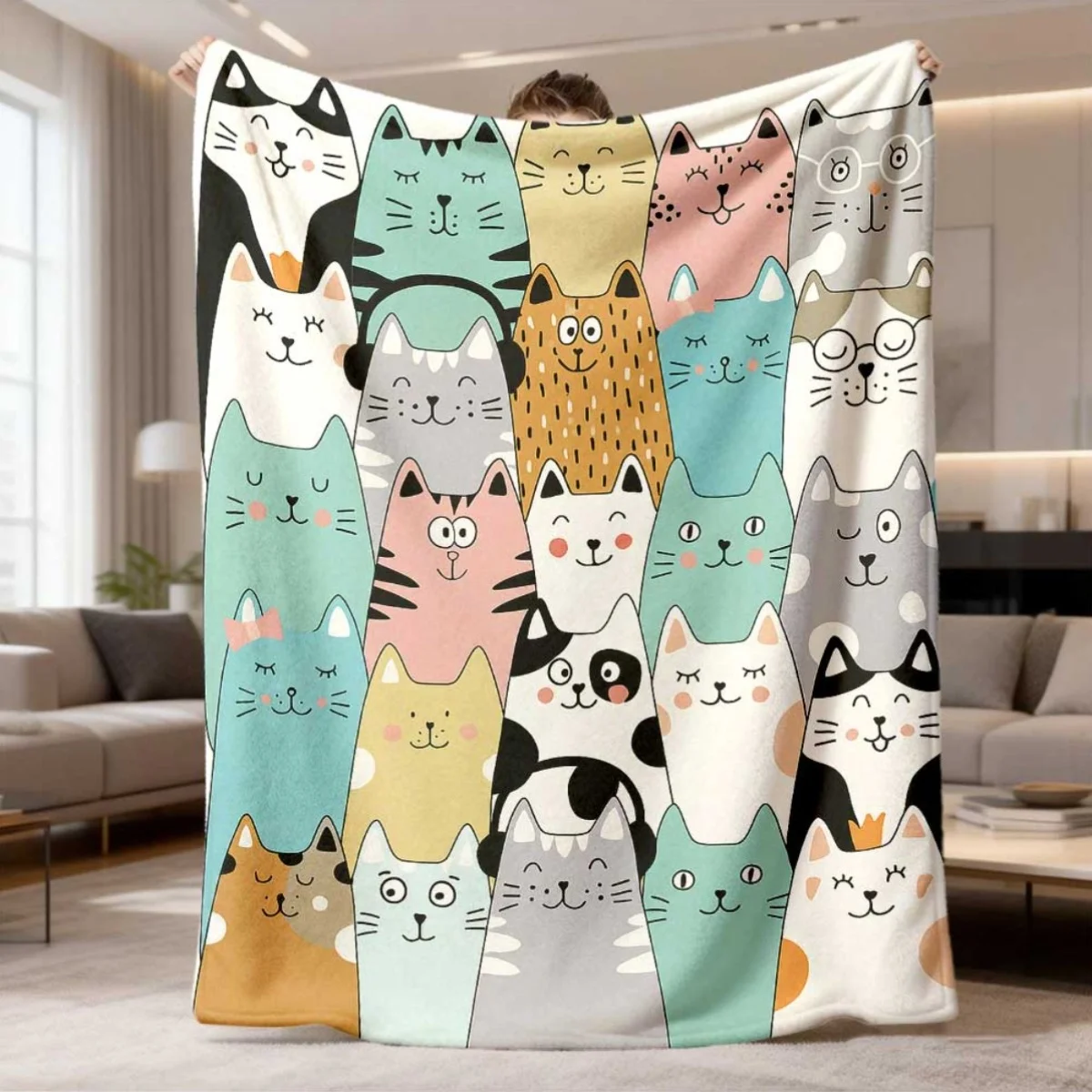 Throw Blanket Colorful Cat Stack Print Cute Kitten Design Soft Cozy Wrap For Pet Lover Bedroom And Whimsical Home Decor