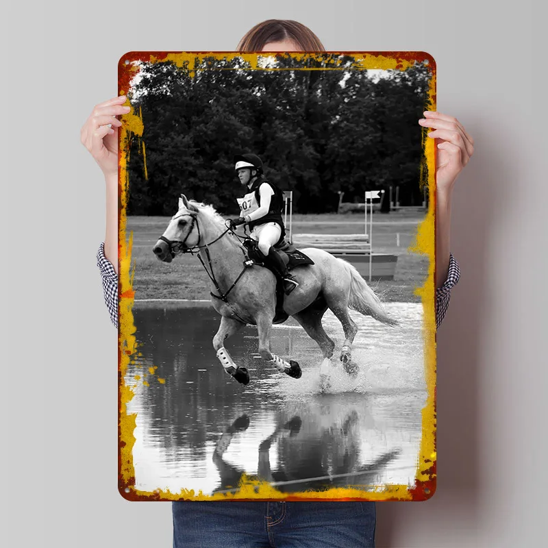 Horse Jumping Water Obstacle Printed Poster Customized Retro Wall Art Vintage Metal Tin Signs for Home Bathroom Decor Coffee Bar