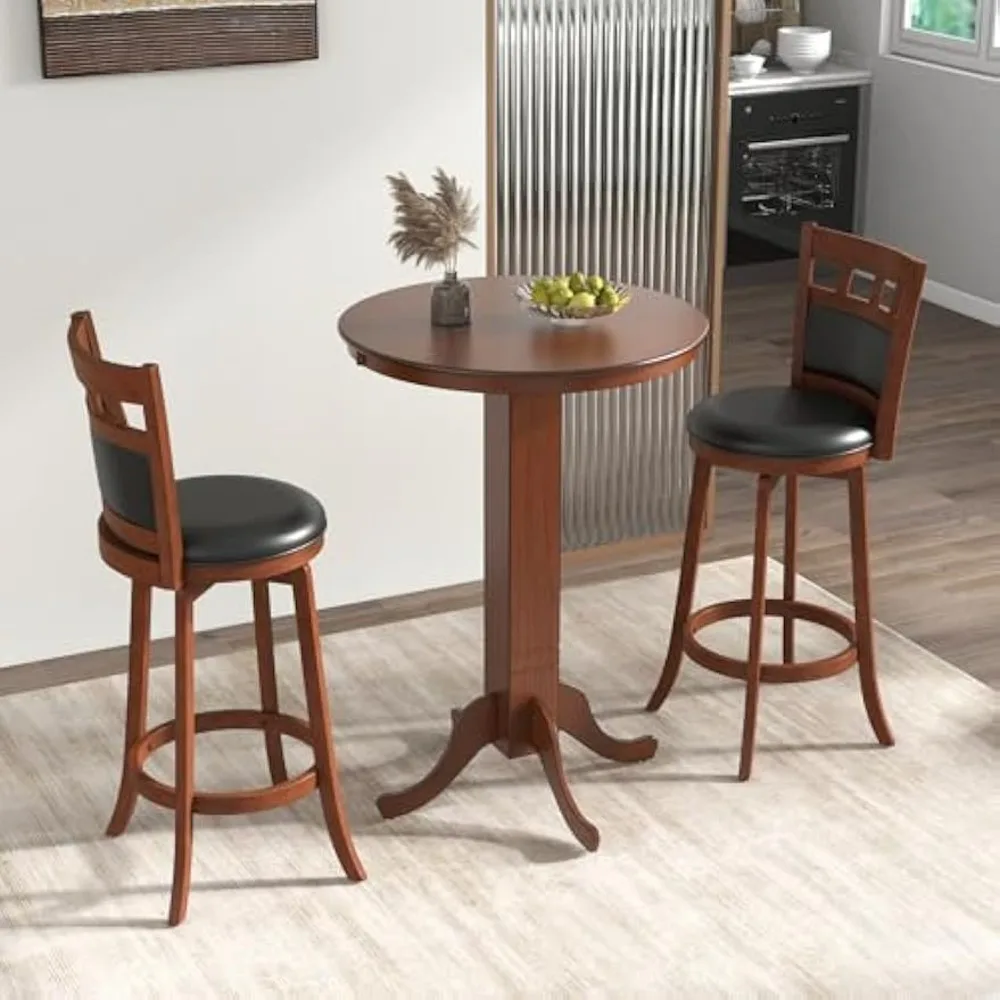 Juego de mesa y sillas de bar de 3 piezas, mesa redonda con altura de mostrador, 2 taburetes de bar giratorios tapizados, estructura de madera de caucho, redonda de granja