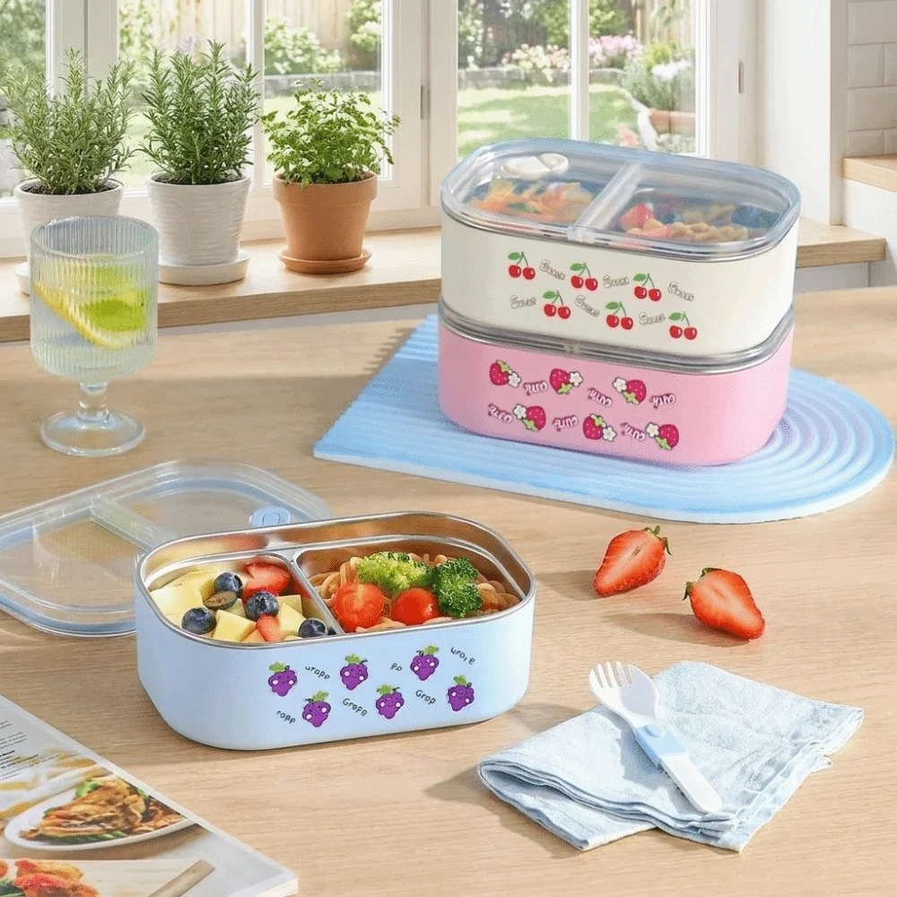 2 Compartment Stainless Steel Lunch Box Large Capacity Cartoon Insulated Lunch Box Leak-Proof Portable Storage Box with Lid