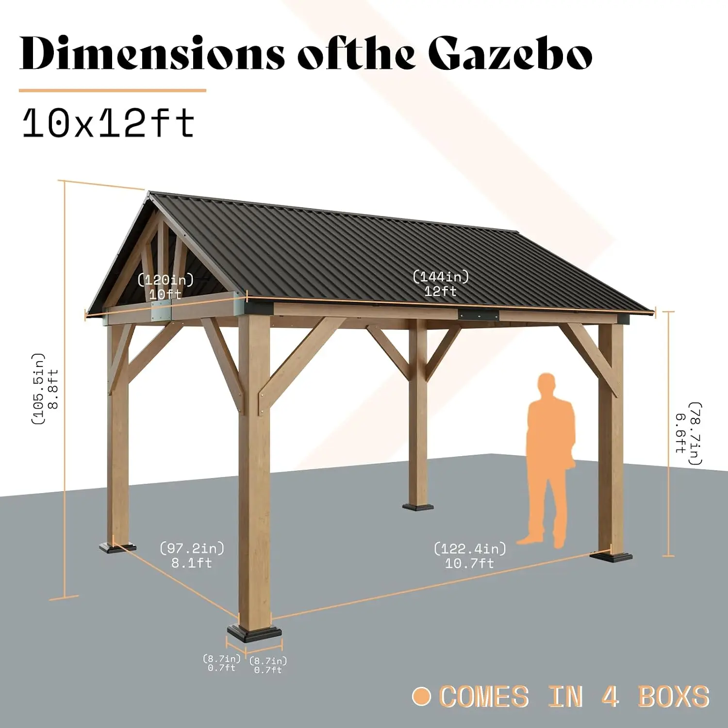10x12 FT Wooden Hardtop Gazebo with Steel Roof, Heavy Duty Frame, 4.7-Inch Posts and Ceiling Hook for Backyard Garden Patio