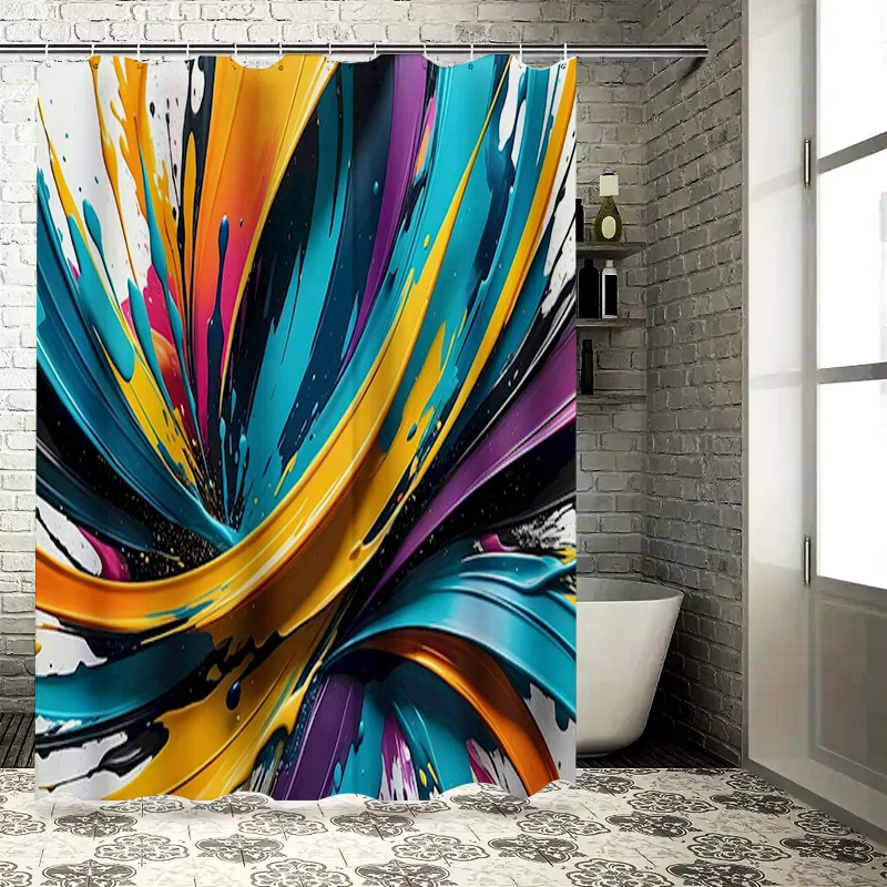 

Abstract Bathroom Shower Curtain with Colorful Splashes Decorative Fabric for Bathtub Waterproof Bath Mat Set